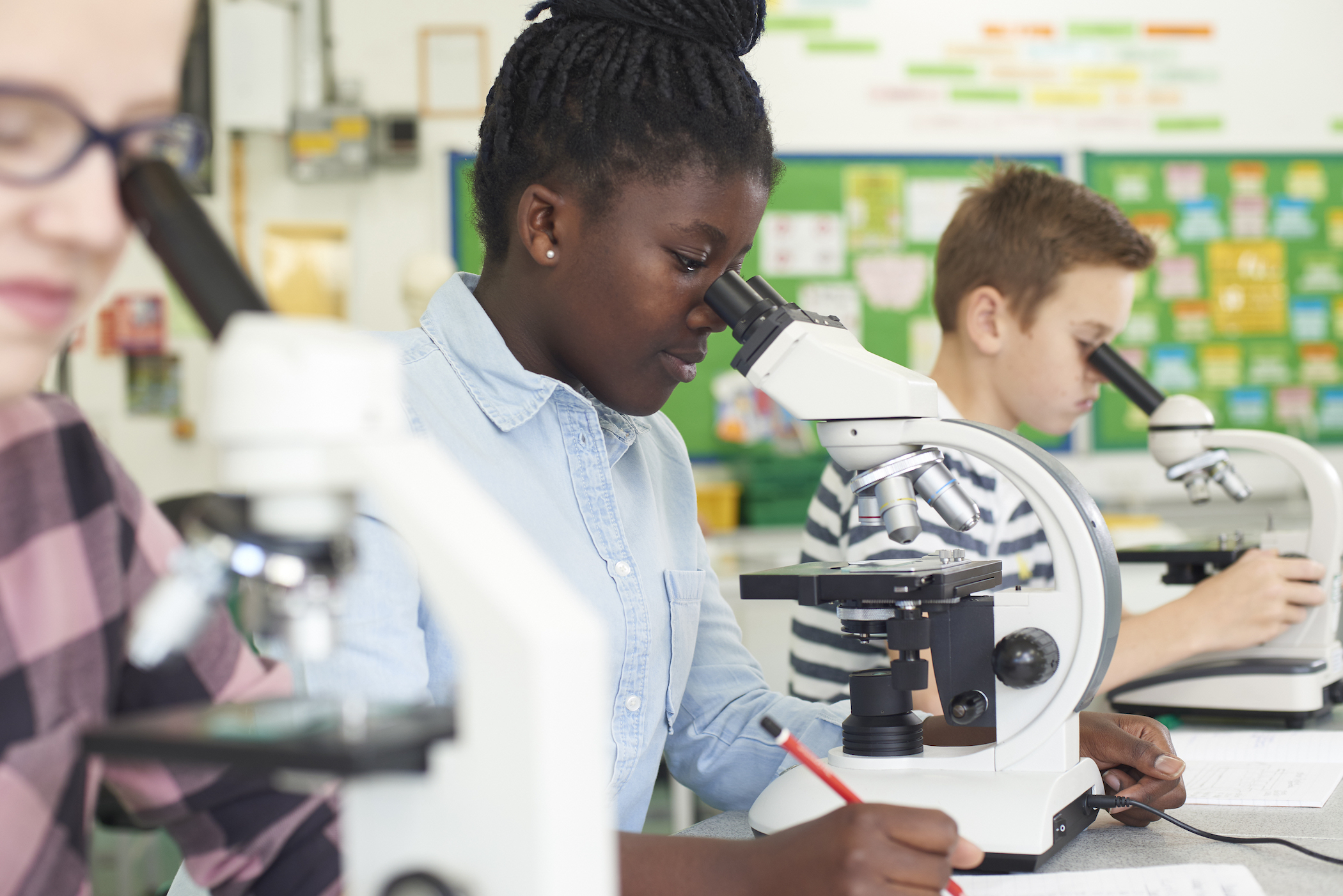 Children looking into microscopes